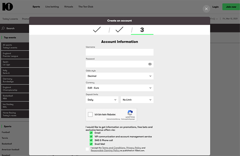 10bet anmeldeprozess - schritt 3
