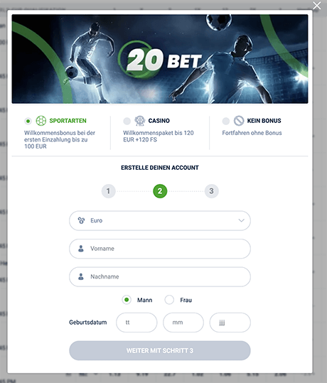 20bet registrierungsprozess - schritt 2