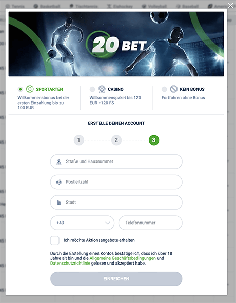 20bet registrierungsprozess - schritt 3