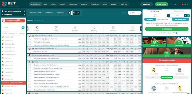 22bet Sportwetten Interface