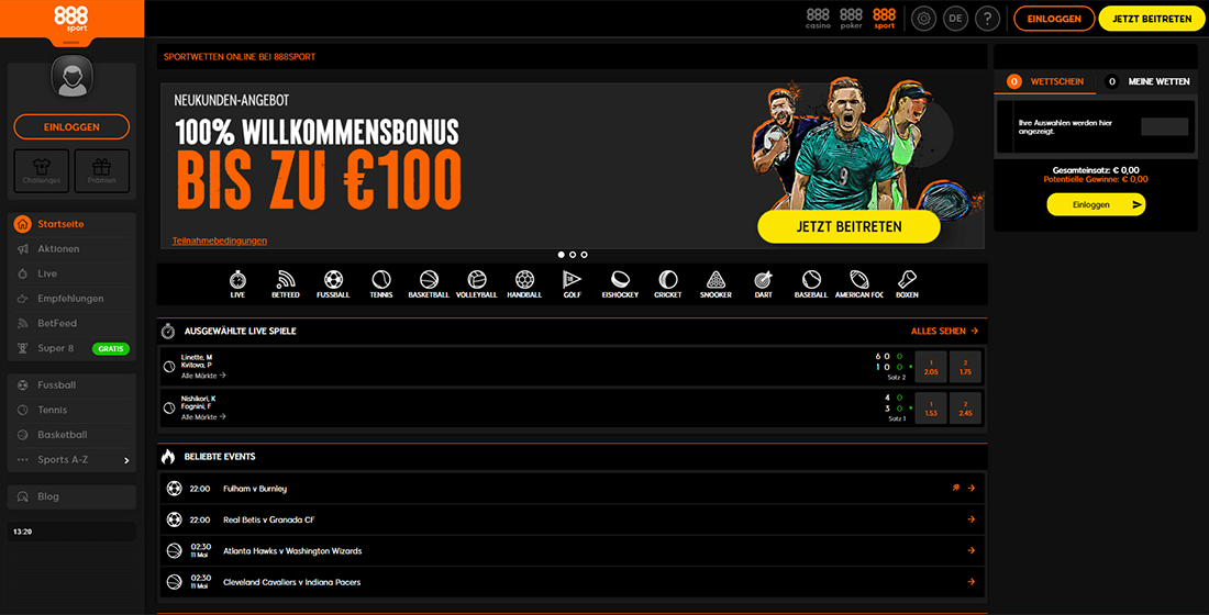 Die Internetseite von 888sport hat ein dunkles Layout und lässt sich leicht bedienen