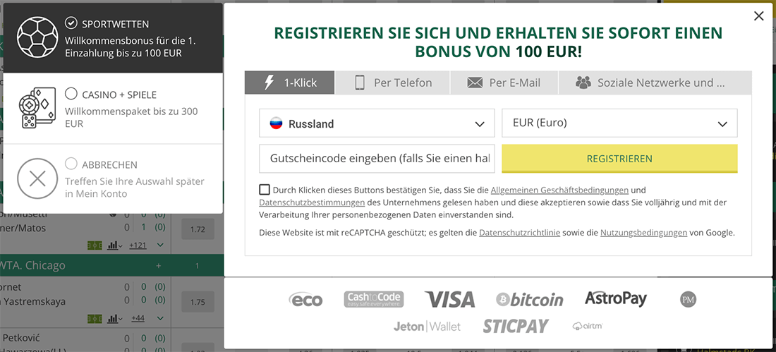 Registrieren Sie sich bei BETWINNER mit 1 Klick