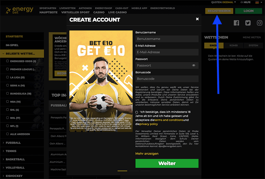 EnergyBet anmeldeprozess - schritt 1
