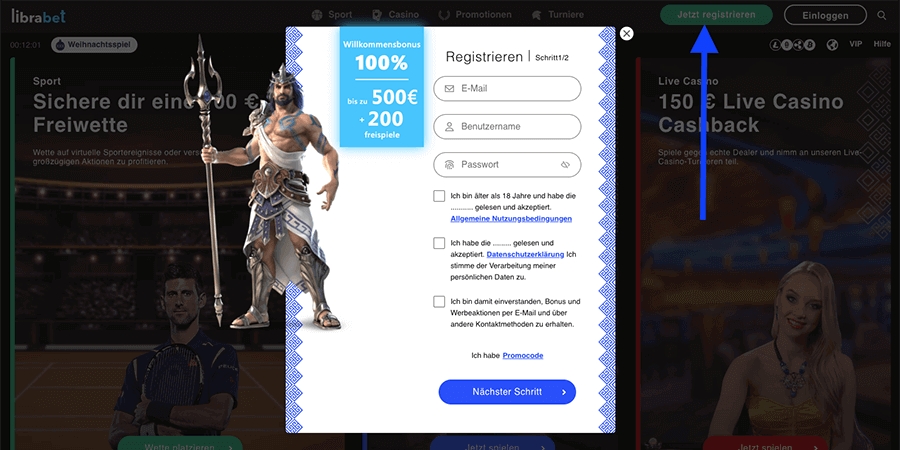 LibraBet anmeldeprozess - schritt 1