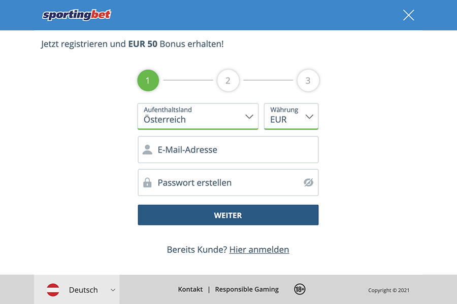 Sportingbet anmeldeprozess - schritt 1