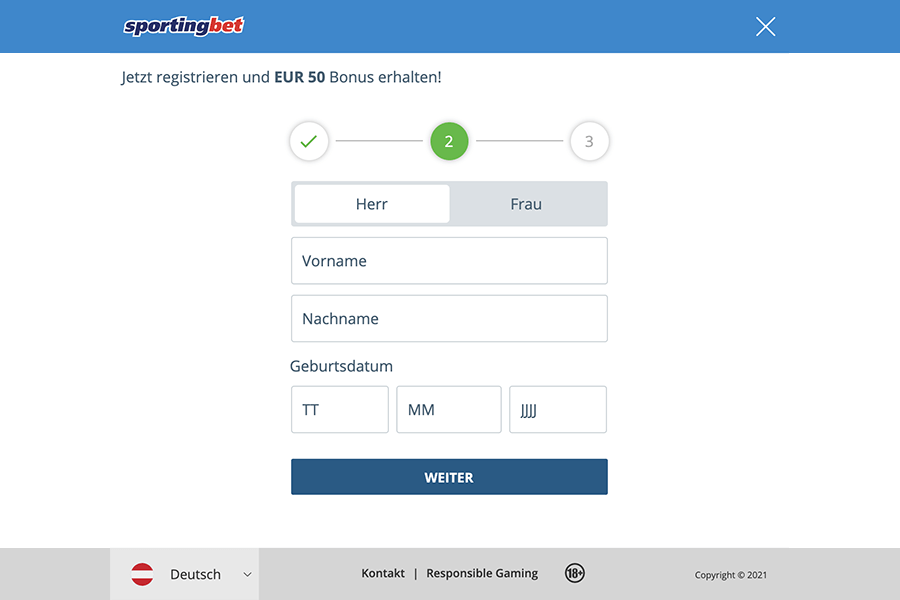 Sportingbet anmeldeprozess - schritt 2