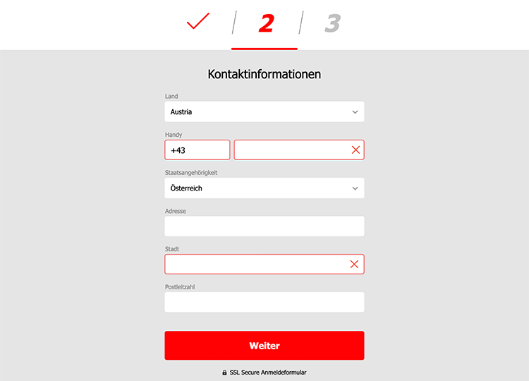 Winmasters anmeldeprozess - schritt 2, kontaktinfos