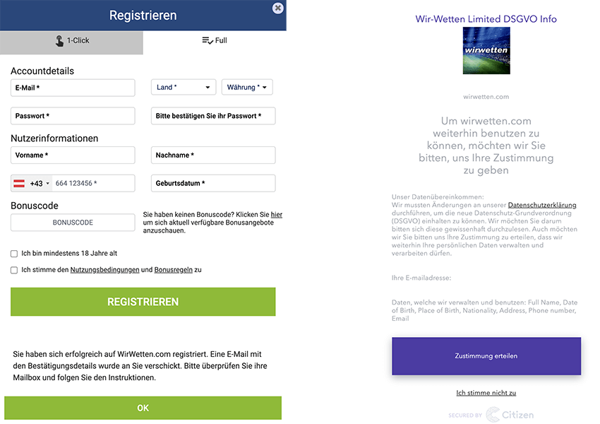 Um sich bei WirWetten zu registrieren, müssen Sie 1 Formular ausfüllen